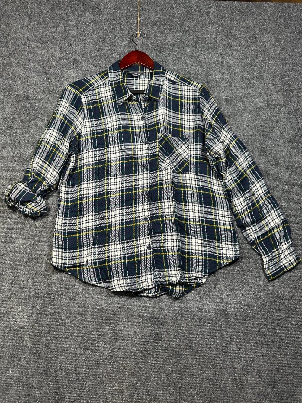 Eddie Bauer Shirt Womens Medium Blue Plaid Button Up Top Pocket Roll Tab Sleeve